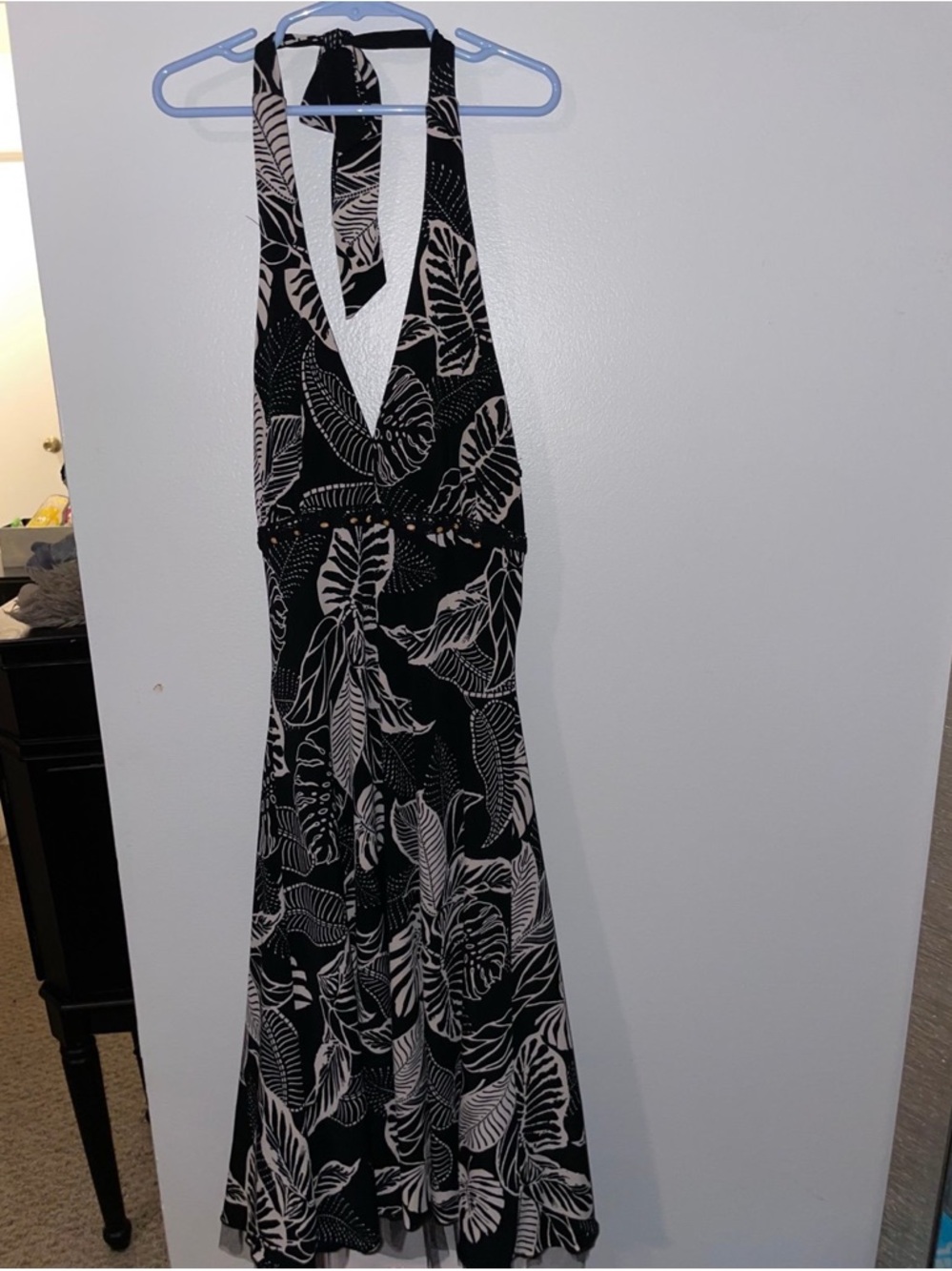 Jodi Kristopher Black Halter Dress with Cream Leaf Print